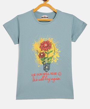 Fort Divine Cotton Lycra Knit Half Sleeves Floral Printed Tee - Sea Green