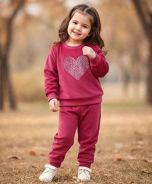 Babyhug Velour Woven Full Sleeves Winter Wear T-Shirt & Lounge Pant Set With Heart Embroidery - Fuchsia