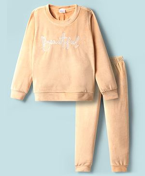 Babyhug Velour Woven Full Sleeves Text Embroidered Winter Wear Suit - Peach