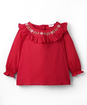 Babyhug Woven Full Sleeves Top with Floral Embroidery with Frill Detailing - Red