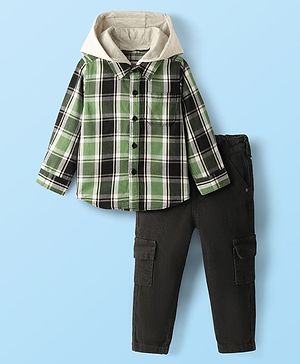 Babyhug Cotton Woven Full Sleeves Checkered Hooded Shirt & Trouser Set - Back & Green