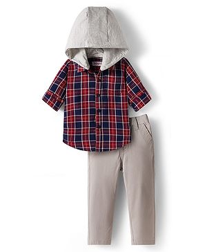 Babyhug Cotton Woven Full Sleeves Hooded Shirt and Trouser with Checks Print - Red & Grey