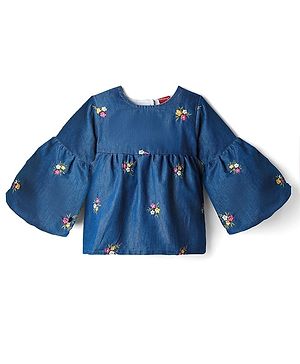 Babyhug Denim Woven Full Bell Sleeves Top with Floral Embroidery - Blue