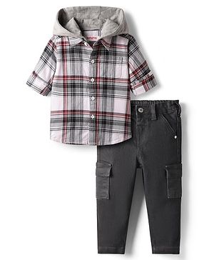 Babyhug Cotton Woven Full Sleeves Checkered Hooded Shirt & Trouser Set - Back & Grey