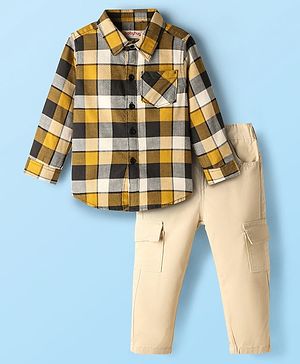 Babyhug Cotton Woven Full Sleeves Checkered Shirt & Trouser Set - Beige & Yellow