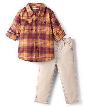 Babyhug Cotton Woven Full Sleeves Checks Shirt & Trouser Set - Rust & Grey