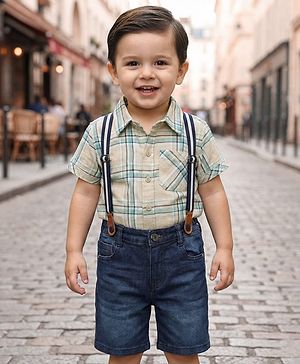 Babyhug Cotton Woven Half Sleeves Checkered Shirt & Shorts Set with Suspender - Blue