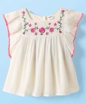 Babyhug Viscose Woven Frill Sleeves Floral Embroidered Top - White