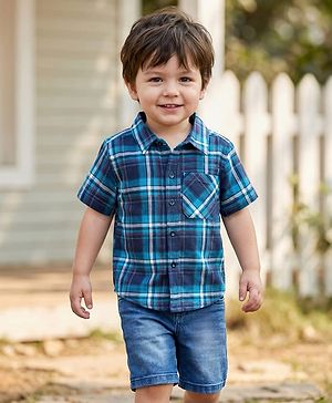 Babyhug Cotton Woven Half Sleeves Checks Shirt & Denim Shorts Set - Blue
