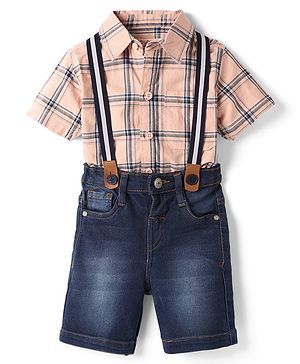 Babyhug Cotton Woven Half Sleeves Checkered Shirt & Denim Shorts Set with Suspender - Blue