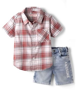 Babyhug Cotton Woven Half Sleeves Checks Shirt & Denim Shorts Set - Rust Orange & Blue