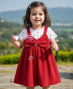 Babyhug Cotton Woven Frock & Half Sleeves Inner Tee With Polka Dot Print & Bow Applique - Red & White