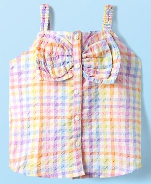 Babyhug Cotton Woven Sleeveless Front Open Checks Top With Bow Applique - Multicolor