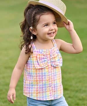 Babyhug Cotton Woven Sleeveless Front Open Checks Top With Bow Applique - Multicolor