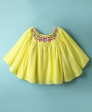 Babyhug Woven Full Sleeves  Kaftan Style Top With Floral Embroidery - Yellow