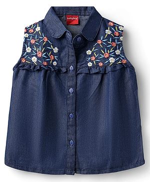 Babyhug Woven Sleeveless Floral Embroidered Denim Top - Navy Blue