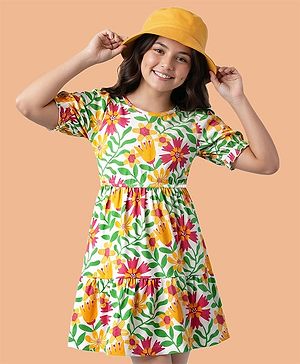 Pine Kids Cotton Knit Half Sleeves Frock with Floral Print - Light Green