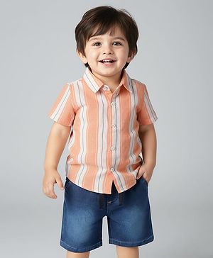 Babyhug Woven Half Sleeves Striped Shirt & Denim Shorts Set - Orange & Blue