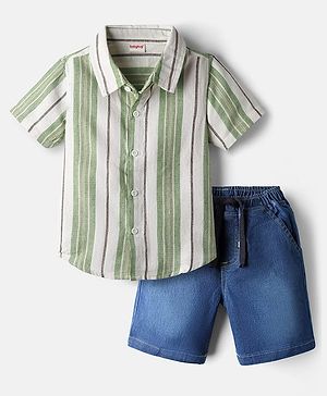 Babyhug Woven Half Sleeves Striped Shirt & Denim Shorts Set - Green & Blue