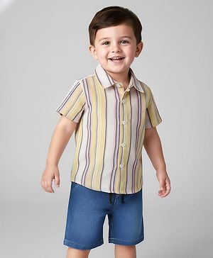 Babyhug Woven Half Sleeves Striped Shirt & Denim Shorts Set - Yellow & Blue