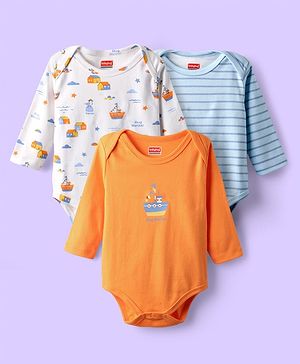 Babyhug 100% Cotton Knit Full Sleeves Onesies with Stripes & Nautical Print Pack of 3 - White & Orange