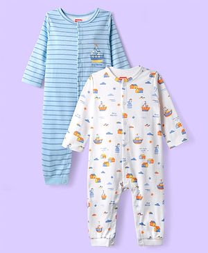 Babyhug 100% Cotton Knit Full Sleeves Rompers With Stripes & Nautical Print Pack of 2 - White & Light Blue