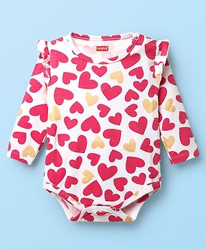 Babyhug 100% Cotton Interlock Knit Full Sleeves Onesie with Heart Print - Pink