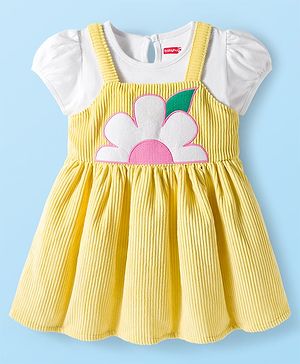 Babyhug Cotton Woven Cap Sleeves Floral Embroidered Frock With Inner Tee - White & Yellow