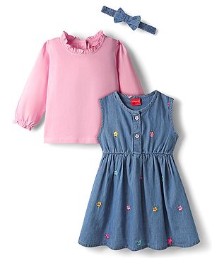 Babyhug Cotton Woven Full Sleeves Floral Embroidered Frock With Tee & Headband - Blue