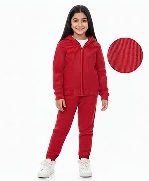 Pine Kids Knit Full Sleeves Solid Color Front Open Hooded Sweater Set - Red