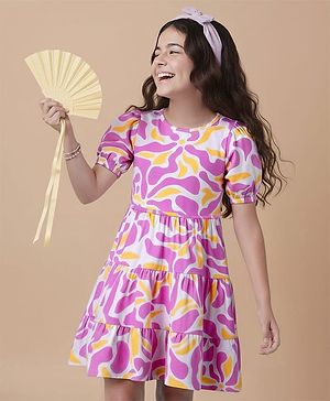 Pine Kids Cotton Knit Half Sleeves Fit & Flare Frock with Abstract Print - Pink