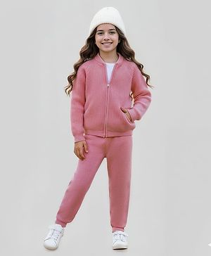 Pine Kids Knit Full Sleeves Solid Color Front Open Hooded Sweater Set - Pink
