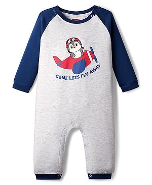 Babyhug 100% Cotton Raglan Full Sleeves Penguin & Aeroplane Printed Romper - Light Grey & Blue