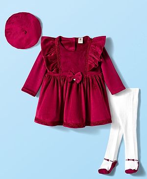 ToffyHouse Cotton Knit Full Sleeves Frock With Lace Detailing Hat & Stockings - Maroon