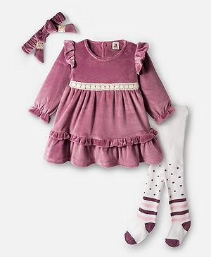 ToffyHouse 100% Cotton Knit Full Sleeves Tiered Solid Frock with Printed Stockings & Headband - Plum
