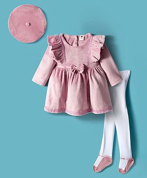 ToffyHouse Cotton Knit Full Sleeves Frock With Bow Applique Hat & Stockings - Pink