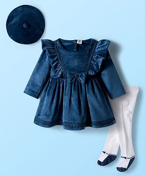 ToffyHouse Cotton Knit Full Sleeves Frock With Bow Applique Stockings & Hat - Blue