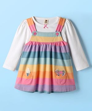ToffyHouse Cotton Knit Striped Frock & Full Sleeves Solid Inner Tee With Unicorn Patch - Light Pink