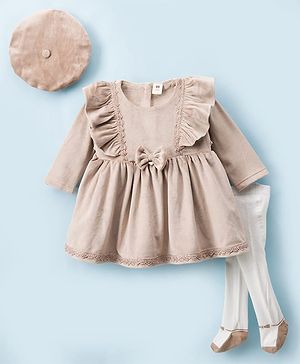 ToffyHouse 100% Cotton Shearing Fabric Knit Full Sleeves Frill & Lace Detailed Frock With Hat & Pair Of Stockings - Tan & White