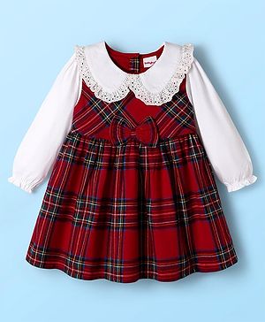 Babyhug Cotton  Knit Full Sleeves Peter Pan Collar Frock with Checks Print - Red & White
