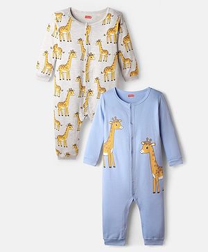 Babyhug 100% Cotton Knit Full Sleeves Rompers with Giraffe Print Pack of 2 - Light Blue & Grey