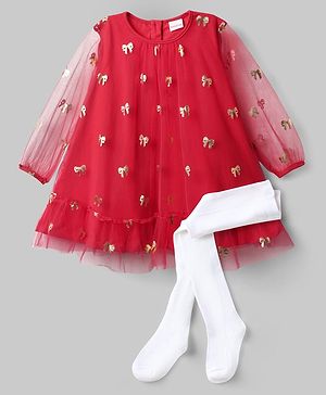 Babyhug Cotton Woven Full Sleeves Foil Printed Frock With Leggings - Red