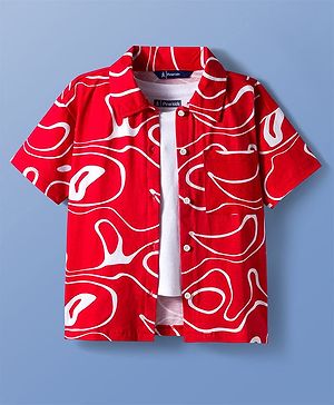 Pine Kids Cotton Knit Half Sleeves Printed Shirt Styled Top With Inner Tee - Red & White