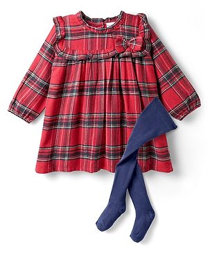 Babyhug Cotton Woven Full Sleeves Checkered Frock with Leggings & Bow Applique - Red