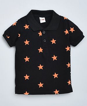 Kiwi Cotton Knit Half Sleeves Star Printed Polo Tee - Black