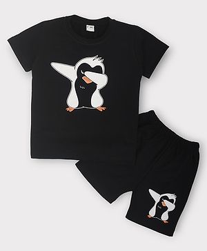 Kiwi Cotton Woven Half Sleeves Baby Penguin Printed Coordinating Tee & Shorts Set - Black