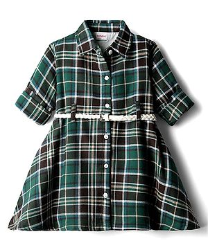 Babyhug Cotton Woven Full Sleeves Shirt Dress With Checks & Belt - Teal Blue