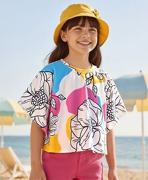 Pine Kids Cotton Knit Half Sleeves Kaftan Style Top With Floral Print - White