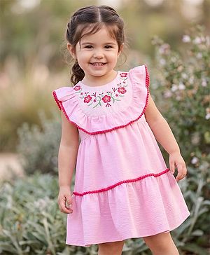 Babyhug Cotton Woven Half Sleeves Frock with Floral Embroidery - Pink