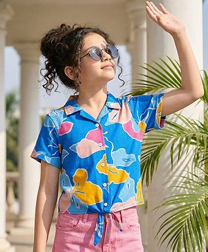 Pine Kids Cotton Knit Half Sleeves Knotted Top with Abstract Print - Blue